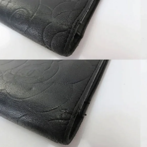 AUTH CHANEL Camellia Lambskin Long Wallet Black - Picture 5 of 11
